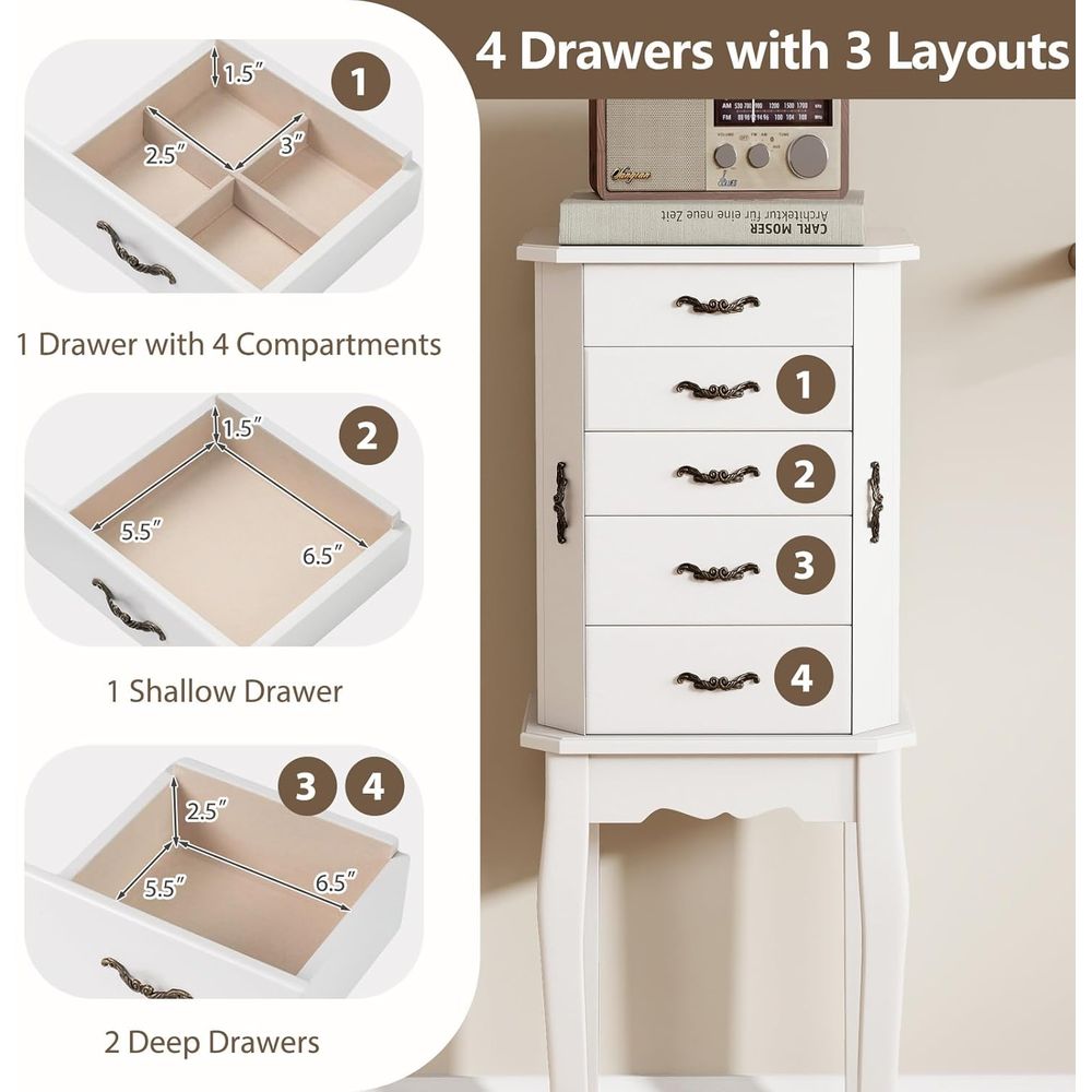 White Standing Jewelry Armoire - Drawer Organizer Tray ulasan dan harga